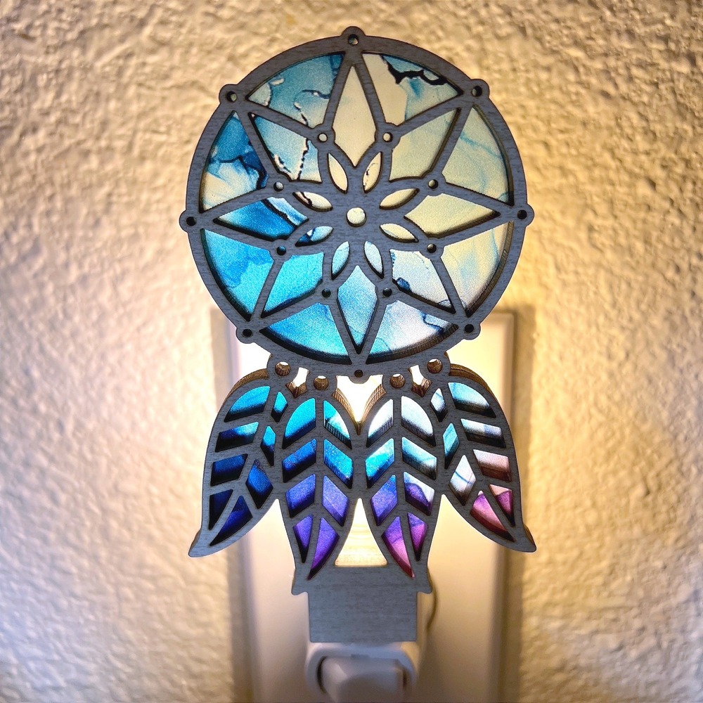 Dreamcatcher Night Light Handmade Alcohol Ink Blue Purple Boho Wall‎ Plug